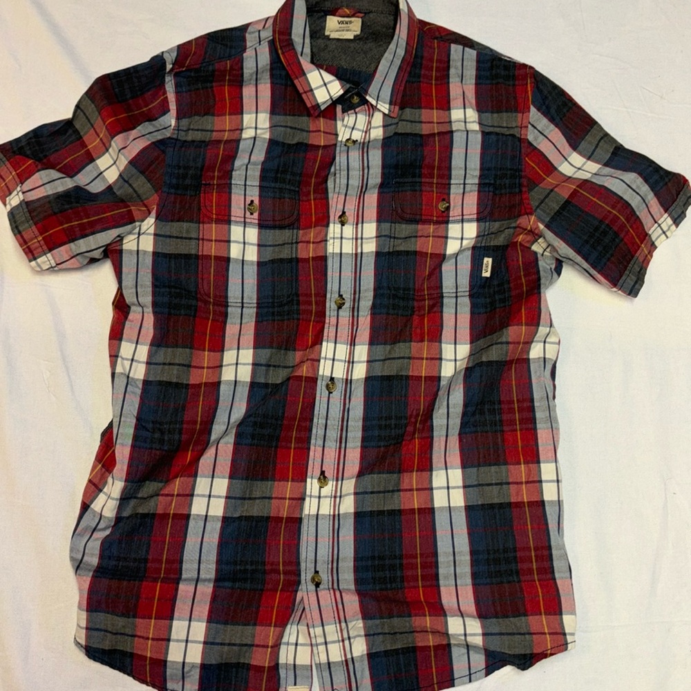 Vans Classic Fit Men’s White Plaid Button Up Shirt 100% Cotton Size Med